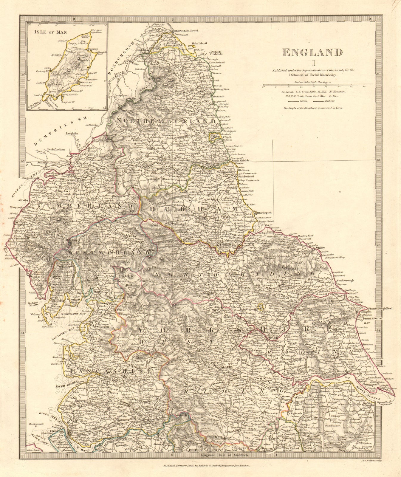 ENGLAND NORTH.Yorkshire Cumbs Lancs Durham Northumbs;Isle of Man.SDUK 1848 map